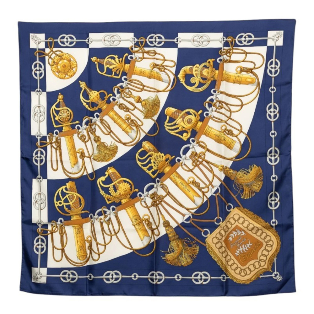 Hermes Carre 90 CLIQUETIS scarf/muffler, large size, navy/multicolor silk, wo...